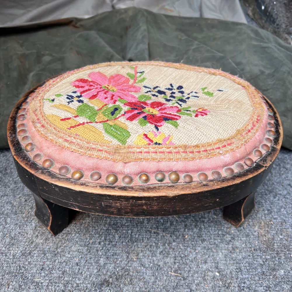 Antique Victorian Oval Needlepoint Footstool Floral Wood Stool Brass Tacks 12in